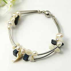 Platinum Fashion Shell Bracelets, Stainless Wire with Grade A Pearl Beads, Brass Tube Beads, Glass Seed Beads, Brass Magnetic Clasps and Iron Findings, Platinum, 200mm