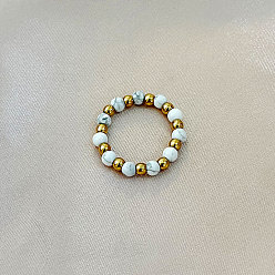 Говлит 201 Кольца из нержавеющей стали с круглыми бусинами из натурального говлита, растягивающиеся на пальцах, золотые, внутренний диаметр: 17 мм