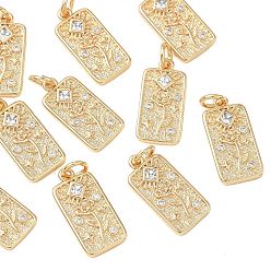 Real 18K Gold Plated SHEGRACE Valentine's Day Brass Clear Cubic Zirconia Pendants, Rectangle with Rose Flower Charms, Cadmium Free & Lead Free & Nickel Free, Real 18K Gold Plated, 17.5x8.5x2mm, Hole: 3.5mm