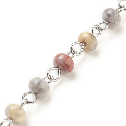 Natural Agate Handmade Natural Agate Beaded Chains, Unwelded, with Iron Needle, Platinum, 39.37 inch, 6~6.5x4mm, 1m/strand