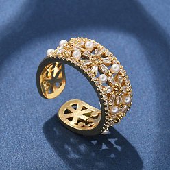 Настоящее золото 18K Латунные кольца из манжеты с прозрачным цирконием, без кадмия и без свинца, с пластмассовой жемчужиной abs, цветок, реальный 18 k позолоченный, 8.5 мм