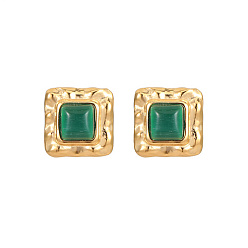 Sea Green Cat Eye Square Stud Earrings, Golden 304 Stainless Steel Earrings, Sea Green, 17mm