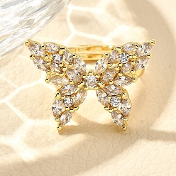 Настоящее золото 18K Регулируемая стойка покрытие латунь микро паве кубический цирконий перстни для женщин, долговечный, бантом, реальный 18 k позолоченный, 17.5x24 мм, размер США 6 (16.5 мм)