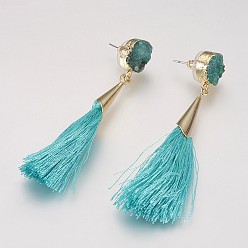 Turquoise Tassel Dangle Stud Earrings, with Brass Findings and Dyed Natural Druzy Crystal, Turquoise, 72~76mm, Pin: 0.8mm, Pendant: 60~63x7mm