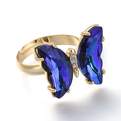 Blue Adjustable Brass Glass Finger Rings, with Clear Cubic Zirconia, Butterfly, Golden, Blue, Size 7, Inner Diameter: 17mm