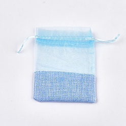 Cornflower Blue Organza Bags, with Burlap Cloth, Drawstring Bags, Rectangle, Cornflower Blue, 17~18x12.4~13cm