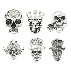 Antique Silver 5Pcs 5 Styles Skull Alloy Rhinestone Lapel Pins, Creative Badge for Backpack Clothes, Antique Silver, 47~50.5x35~47x14~19mm, 1pc/style