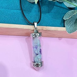 Флюорит Кулон из цинкового сплава в виде шестиугольной стеклянной бутылки с внутренними вкраплениями натурального флюорита, ожерелье из черной искусственной кожи., платина, 19.69 дюйм (50 см)