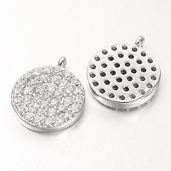 Platinum Hollow Flat Round Brass Micro Pave Cubic Zirconia Charms, Platinum, 11x10x2mm, Hole: 1mm