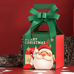 Santa Claus Square Paper Bakery Boxes, with Ribbon, for Mini Cake Cupcake Cookie Packing, Christmas Theme Gift Box, Santa Claus Pattern, 100x100x205mm