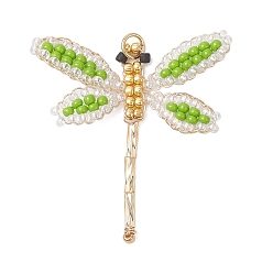 Лайм Подвески в виде стрекоз из стеклянных бусин, с открытыми пружинными кольцами из нержавеющей стали 304, реальный 18 k позолоченный, желто-зеленые, 38x38x2.5 мм, отверстие : 3.5 мм