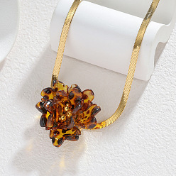 Седло Коричневый Акриловый леопардовый принт 3 Подвеска в виде цветка 304 Плоская цепочка-змейка из нержавеющей стали для женщин, золотые, седло коричневый, 16.14 дюйм (41 см)