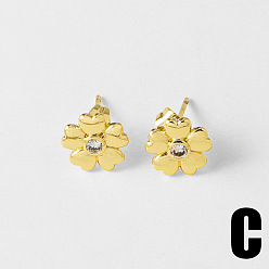 Прозрачный Серьги-гвоздики из латуни и кубического циркония, цветок, золотые, прозрачные, 11 мм