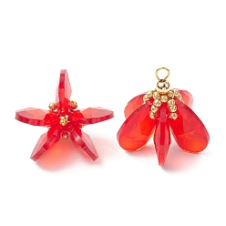 Красный Стеклянные подвески, цветочный шарм, с латунными петлями и бисером, граненые, красные, 23~24x24~26 мм, отверстие : 2.5~3x3~3.5 мм