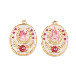 Pink 304 нержавеющей стальной эмали подвески, овал с цветком и подковой, реальный 18 k позолоченный, вакуумное покрытие pvd, розовые, 28x20.5x2.5 мм, отверстие : 1.8 мм