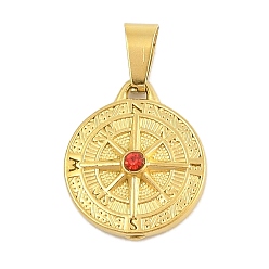 Золотой Ионное покрытие (ip) 304 подвески из нержавеющей стали со стразами, плоский круглый с подвеской в виде компаса, золотые, 19x16x4 мм, отверстие : 3x7.5 мм