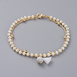 Howlite Multi-Strand Bracelets, with Natural Howlite Beads and Glass Beads, Brass Cable Chains, Polycotton(Polyester Cotton) Tassel Pendants and Braided Nylon Thread, 7-1/2 inch(19.2cm)