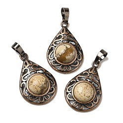 Пейзажный Джаспер Естественного изображения яшмы подвески, латунные подвески-капли, Красная медь, без свинца и без кадмия, 30x19.5x7.5 мм, отверстие : 5x8 мм