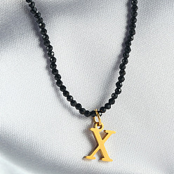 Letter X 304 подвеска из нержавеющей стали с инициалом, ожерелья из граненых круглых бусин черного стекла для женщин, золотые, Письмо X, 15.35 дюйм (39 см)