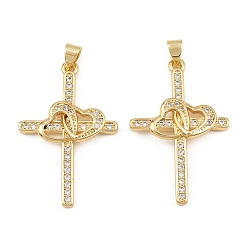 Claro Micro latón allanan colgantes cúbicos del zirconia, cruz con encantos de corazón, sin plomo y cadmio, dorado, Claro, 35.5x23x4 mm, agujero: 5x3 mm