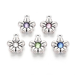 (52) Непрозрачная лаванда Подвески из сплава в тибетском стиле, со стразами, цветок, античное серебро, разноцветные, 14.5x12x4.5 мм, отверстие : 1.5 мм