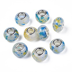 Темно-Голубой Cmолы европейские шарики, бусины с большим отверстием, с латунными двойными ядрами, платиновый оттенок, имитация желе, рондель, глубокое синее небо, 14x9 мм, отверстие : 5 мм