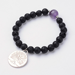 Аметист Сплав шарм браслеты, с бусинами из натуральной лавы и аметистом, 2-1/8 дюйм (54 мм)