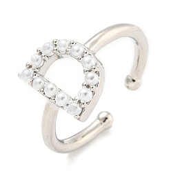 Letter D Латунные открытые манжеты для женщин, с ABS имитации жемчуга, без кадмия и без свинца, долговечный, буквы, Буква D, внутренний диаметр: 17 мм, буква d: 11x8.7 мм