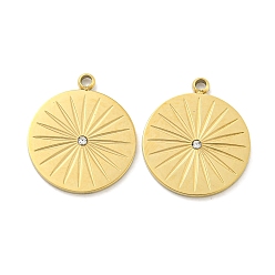 Настоящее золото 18K Вакуумное покрытие pvd 304 подвески из нержавеющей стали, с кристально горный хрусталь, плоские круглые прелести, реальный 18 k позолоченный, 17x14.5x1 мм, отверстие : 1.4 мм