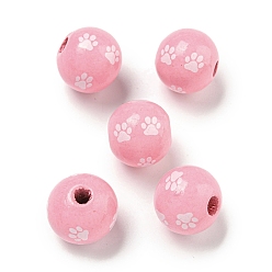 Pink Набивные деревянные европейские бусины, круглый с рисунком лапы, розовые, 15.5~16 мм, отверстие : 4~4.5 мм