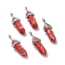 Имперская яшма Подвески из синтетической красной императорской яшмы с заостренными концами, граненые, с латунной фурнитурой платинового цвета, без свинца и без кадмия, пуля, 27~30x9~10x7~8 мм, отверстие : 4x3 мм