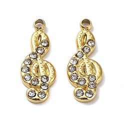 Настоящее золото 18K Ионное покрытие (ip) 304 брелоки из нержавеющей стали, с кристально горный хрусталь, очарование музыкальной ноты, реальный 18 k позолоченный, 14x6x1.5 мм, отверстие : 1.2 мм