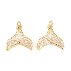 Plaqué 18K Or Véritable Laiton émail pendentifs, breloques en queue de poisson, avec perles d'imitation abs, réel 18 k plaqué or, 16x16.5x4mm, Trou: 3mm
