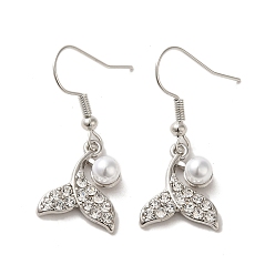 Platinum Whale Tail Shape Alloy Rhinestone Dangle Earrings, with Plastic Pearl, Platinum, 34x14mm