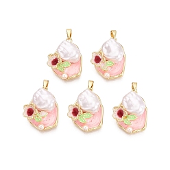 Розовый Латунь эмаль подвески, подвески в виде слезинок и цветов, с ABS имитации жемчуга, реальный 18 k позолоченный, туманная роза, 23x17.5x8~9 мм, отверстие : 5x2.5 мм