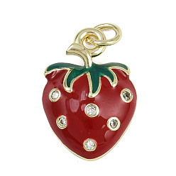Клубника Латунные микро проложить кубического циркония подвески, с эмалью, без кадмия и без свинца, реальный 18 k позолоченный, с целью перехода в кольце, клубника, 18x13x5 мм, отверстие : 3 мм