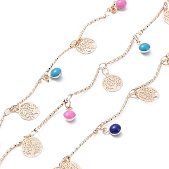 Golden Handmade Brass Curved Bar Link Chains, with Enamel Flat Round & Treee of Life Charms, Soldered, with Spool, Golden, 8.5x1.5x1.5mm, about 16.40 Feet(5m)/Roll