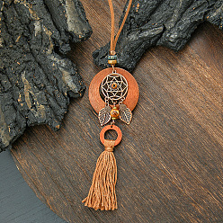 Лист Богемный сплав и дерево подвеска кисточка искусственная кожа шнур длинные ожерелья для женщин, античная бронза, Перу, лист, 15.75 дюйм (40 см)