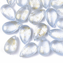 Light Cyan Transparent Spray Painted Glass Charms, with Glitter Powder, Frosted, Teardrop, Light Cyan, 14.5x8.5x5.5mm, Hole: 1mm