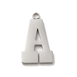 Edelstahl Farbe Anlaufgeschützt 304 Anhänger aus Edelstahl, Hochglanzpolierter Buchstabe A Anhänger, Edelstahl Farbe, 17.5x10x1 mm, Bohrung: 1.6 mm