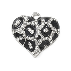 Platinum Alloy Enamel Pendants, with Rhinestone, Leopard Heart Charms, Platinum, 19.5x20x5mm, Hole: 2mm