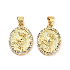 Настоящее золото 18K Покрытие стойки латунь микропаве прозрачные подвески из кубического циркония, долговечный, без свинца и без кадмия, овальные с цветком, реальный 18 k позолоченный, 22x15.5x2.5 мм, отверстие : 5x3.5 мм