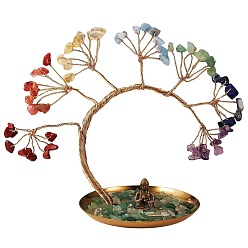 Антично-золотой и Золотой 7 чакра буддийский набор украшений для дома, включая плоскую круглую 430 тарелку для ювелирных изделий из нержавеющей стали, дерево из натуральных драгоценных камней, латунная статуя Будды дзен декор, естественный зеленый бисер авантюрин, античный золотой и золотой, Дерево: 210x53x190 мм, 1 шт / комплект