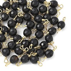 Черный Крашеный натуральный агат граненые круглые подвески-соединители, с петлями из латунной проволоки, реальный 18 k позолоченный, стойки покрытие, долговечный, чёрные, 14x6 мм, отверстие : 1.2 мм