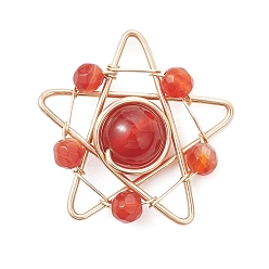 Красный Агат Подвески из медной проволоки из натурального сердолика, звезды прелести, золотые, граненые, 24~25x24~26x8~8.5 мм, отверстие : 3x1.5 мм