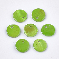 Yellow Green Freshwater Shell Charms, Dyed, Flat Round, Yellow Green, 10x1.5~2mm, Hole: 1.5mm