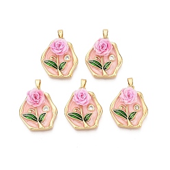 Pink Латунь эмаль подвески, шестиугольные и цветочные подвески, с использованием смолы и микропаве из прозрачного кубического циркония, реальный 18 k позолоченный, розовые, 22x19x6.5~7.5 мм, отверстие : 5x2.5 мм