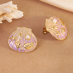 Золотой 304 Серьги-гвоздики из нержавеющей стали и эмали, формы раковины, золотые, 22x25.5 мм