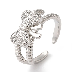 Платина Открытые манжеты из латуни с бантом и микро-паве с прозрачным цирконием для женщин, платина, бант : 11.5x14 мм, регулируемый