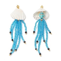 Синий Подвески в виде черепа медузы из окрашенной синтетической бирюзы, натурального черного оникса и стеклянных бусин, с ракушкой и золотыми латунными бусинами, синие, 84x27x13 мм, отверстие : 1 мм